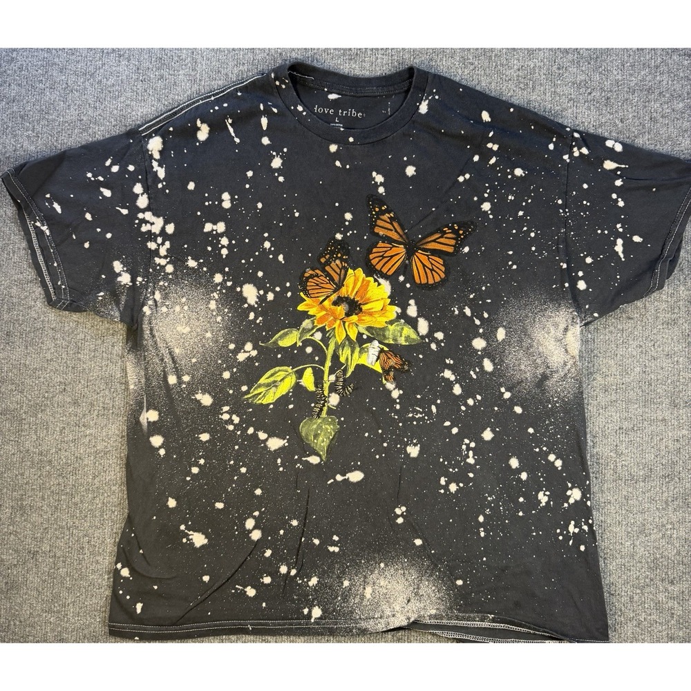 Love Tribe Men's L Butterfly Sunflower Bleach Splatter Grunge Graphic T Shirt
